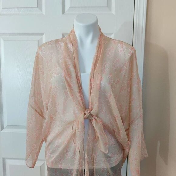 Vince Camuto sheer long silky floral open front drop shoulder kimono cardigan OS - Picture 3 of 11